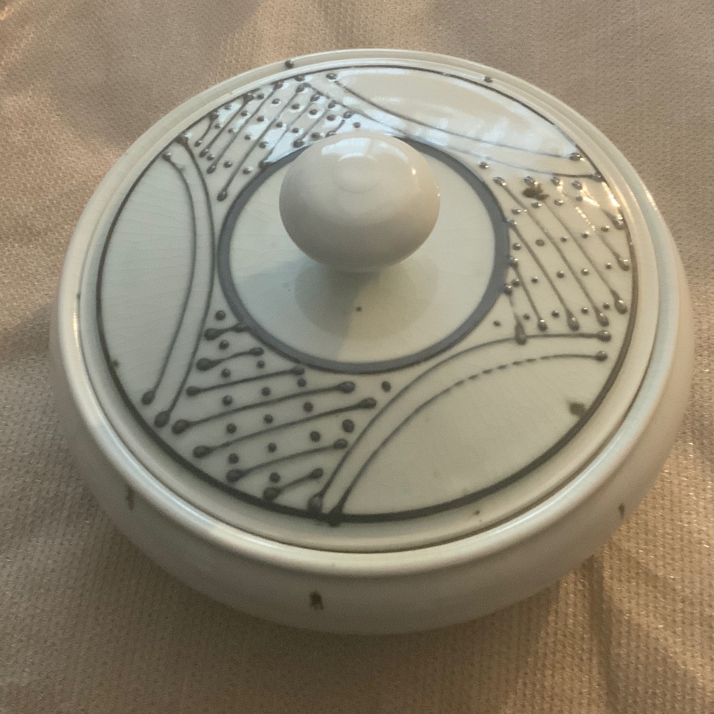White Ceramic Lidded Dish with Black Pattern
